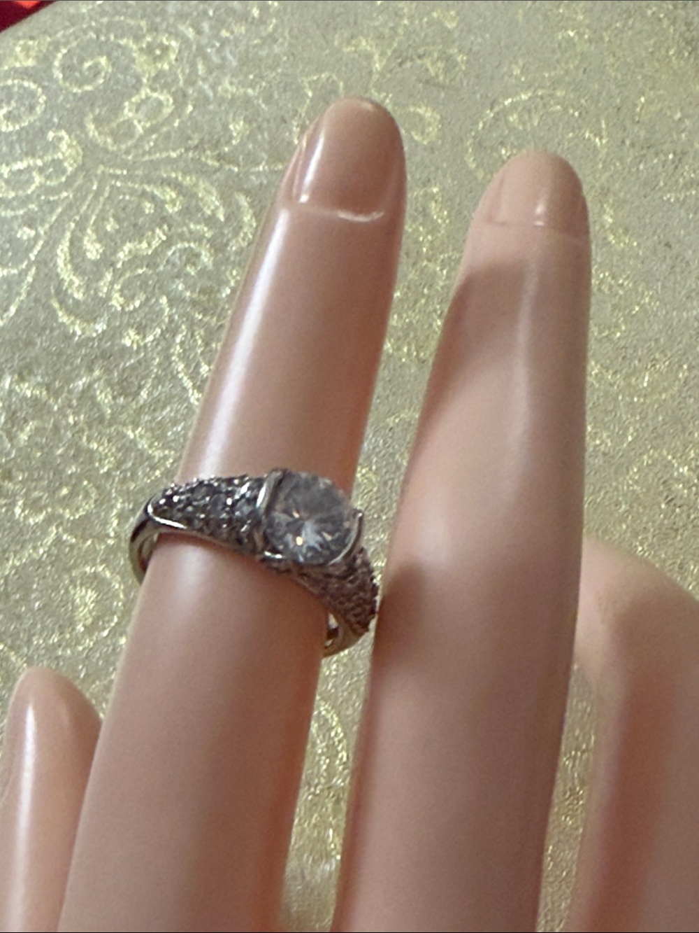 Faux White Gold Engagement Ring with Pavé Accents